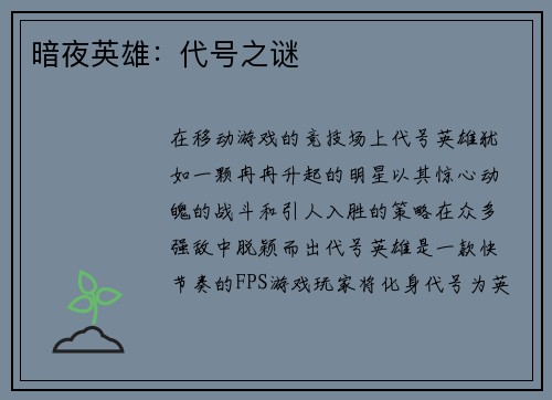 暗夜英雄：代号之谜
